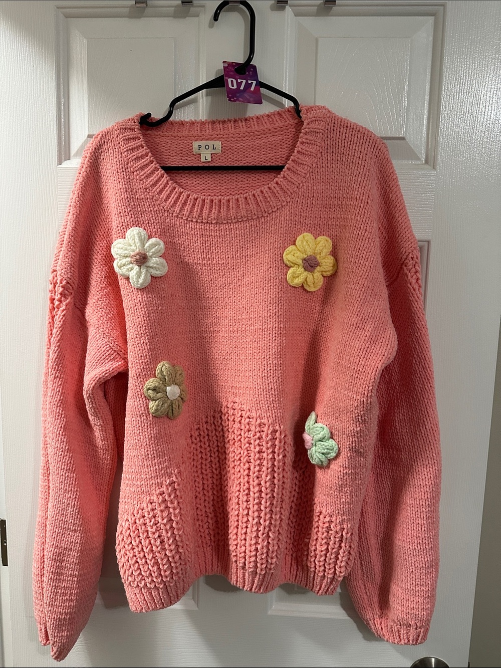 POL Coral Pink Crewneck Sweater with Crocheted Floral Appliqués new without tag